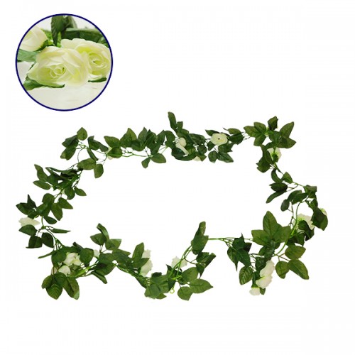 Τεχνητό Κρεμαστό Φυτό Διακοσμητική Γιρλάντα Μήκους 2.2 μέτρων με 32 X Μικρά Τριαντάφυλλα Λευκά GloboStar 09012