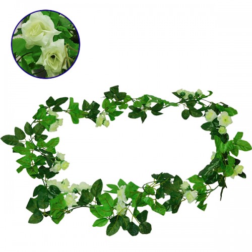 Τεχνητό Κρεμαστό Φυτό Διακοσμητική Γιρλάντα Μήκους 2.2 μέτρων με 33 X Μικρά Τριαντάφυλλα Πράσινα Λευκά GloboStar 09019