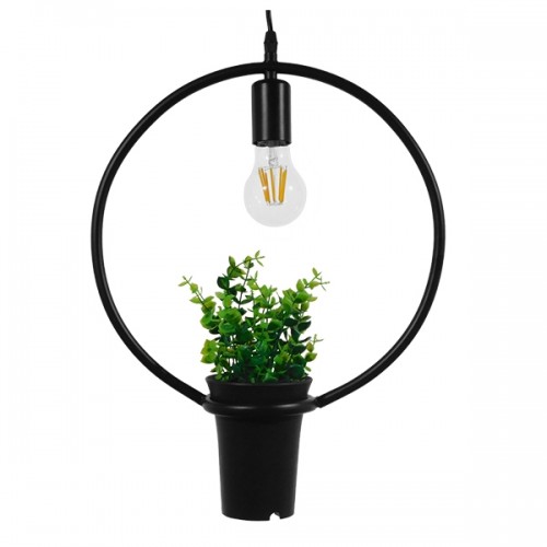 GloboStar® FLOWERPOT 10001212 Μοντέρνο Κρεμαστό Φωτιστικό Οροφής Μονόφωτο Μαύρο Μεταλλικό με Διακοσμητικό Φυτό Φ30 x Y30cm